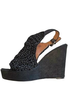 Elizabeth & James Halo Black Suede & Crochet Sling Back Wedge Platform Shoe Sz 8